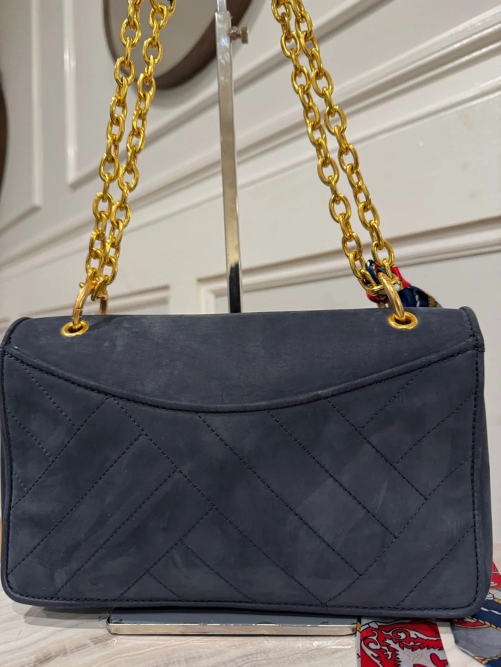 Tory Burch Bag Alexa Convertible Nubuck Suede Dark Navy Chevron Shoulder Bag - Picture 11 of 17